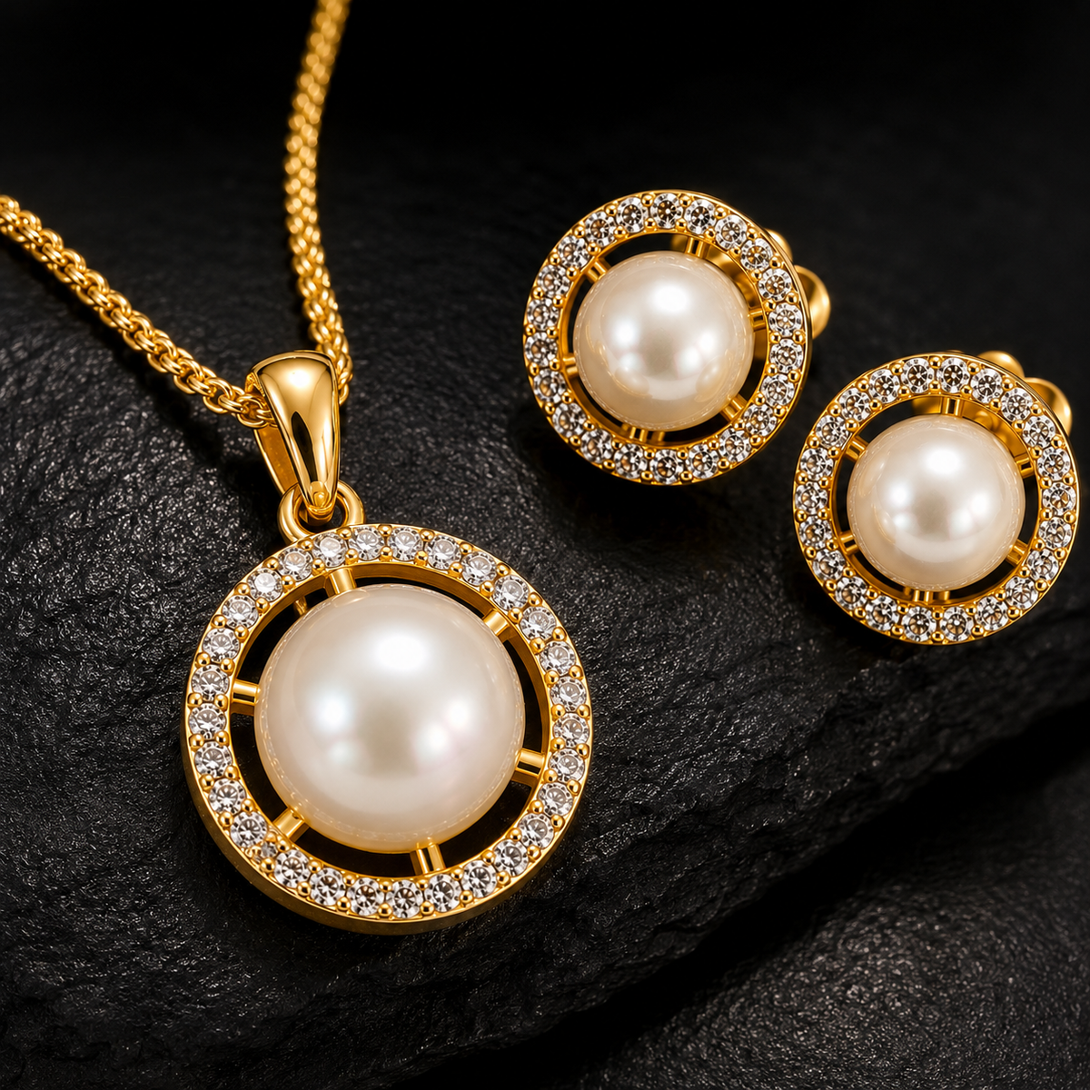 American Diamond Round Pearl Pendant Set with Chain & Earrings