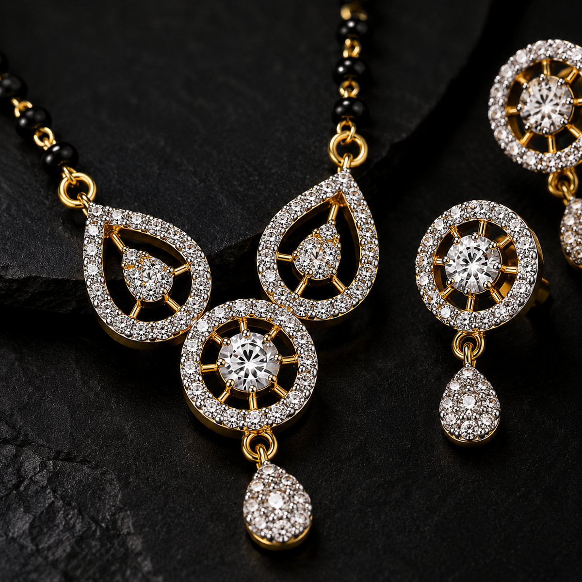 American Diamond Black Bead Mangalsutra Pendant Set with Earrings