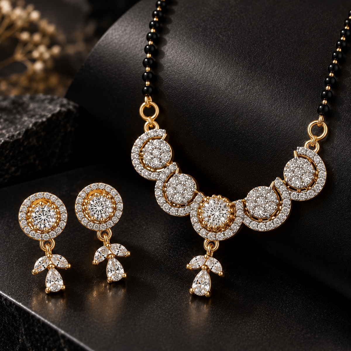American Diamond Gold Finish Floral Mangalsutra Pendant Set with Earrings