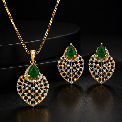 American Diamond Green Teardrop Mesh Pendant Set with Chain & Earrings