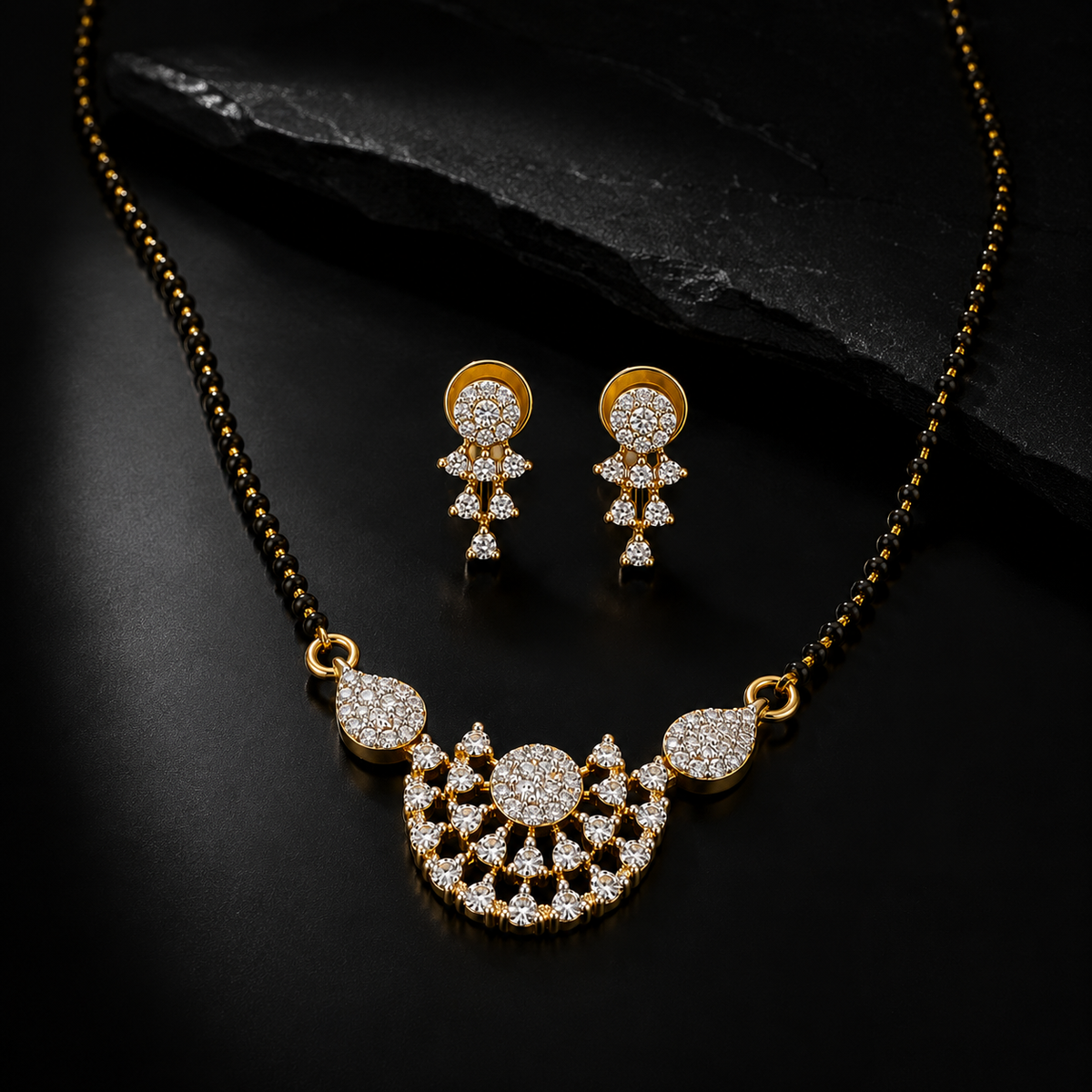 American Diamond Floral Mangalsutra Necklace Set with Earrings