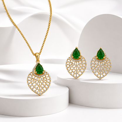 American Diamond Green Teardrop Mesh Pendant Set with Chain & Earrings