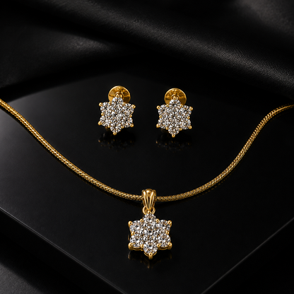 American Diamond Floral Cluster Pendant Set with Chain & Earrings