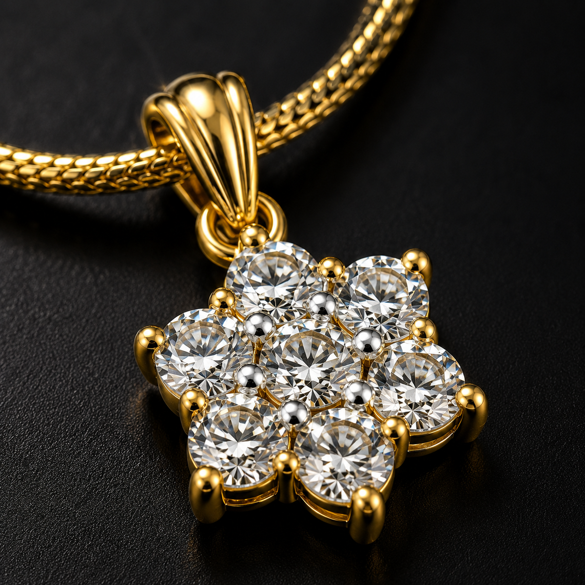 American Diamond Floral Cluster Pendant Set with Chain & Earrings