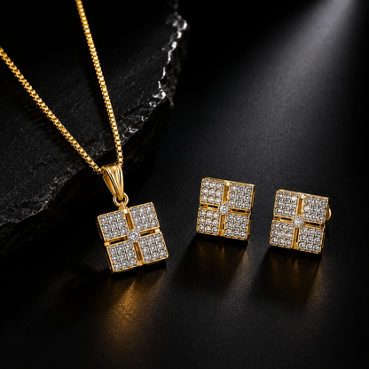 American Diamond Geometric Square Pendant Set with Chain & Earrings