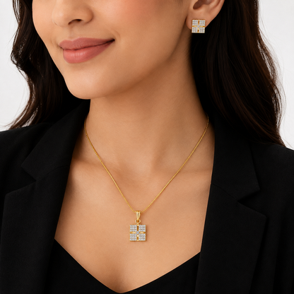 American Diamond Geometric Square Pendant Set with Chain & Earrings