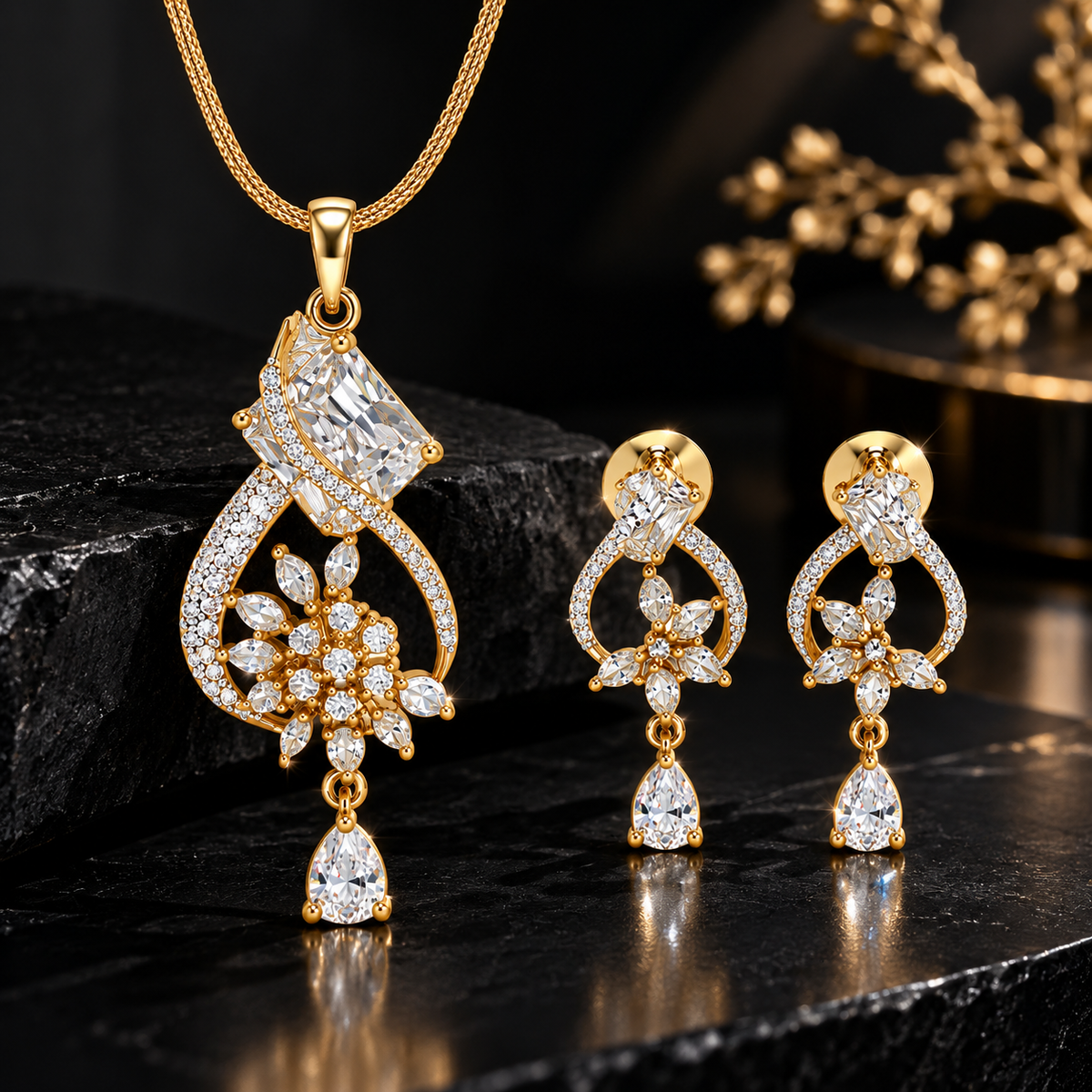 American Diamond Floral Drop Pendant Set with Chain & Earrings