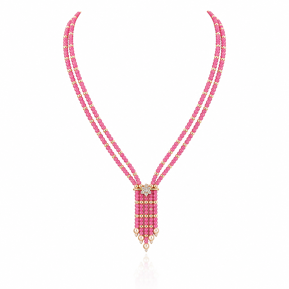 Pink Beaded American Diamond Necklace with Floral Pendant