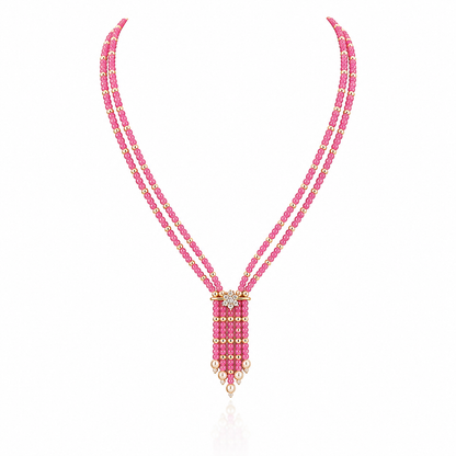 Pink Beaded American Diamond Necklace with Floral Pendant
