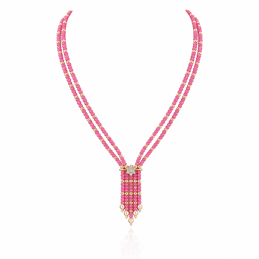 Pink Beaded American Diamond Necklace with Floral Pendant