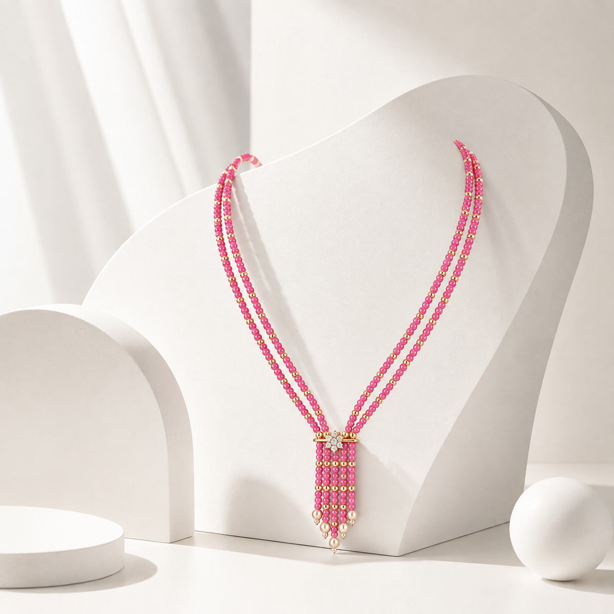 Pink Beaded American Diamond Necklace with Floral Pendant