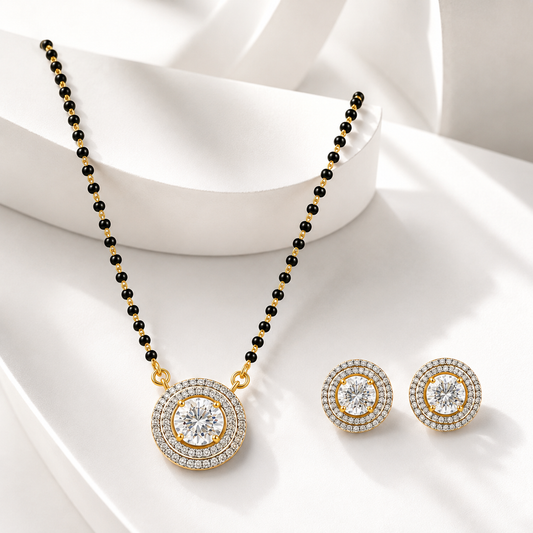 American Diamond Round Halo Black Bead Mangalsutra Set with Earrings
