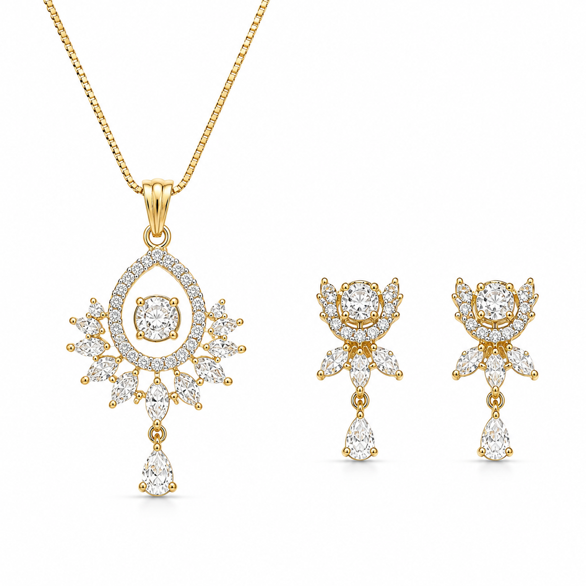 American Diamond Floral Teardrop Pendant Set with Chain & Earrings