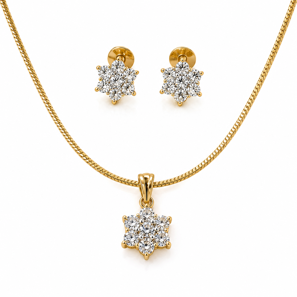 American Diamond Floral Cluster Pendant Set with Chain & Earrings