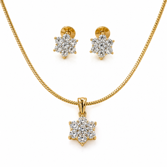 American Diamond Floral Cluster Pendant Set with Chain & Earrings