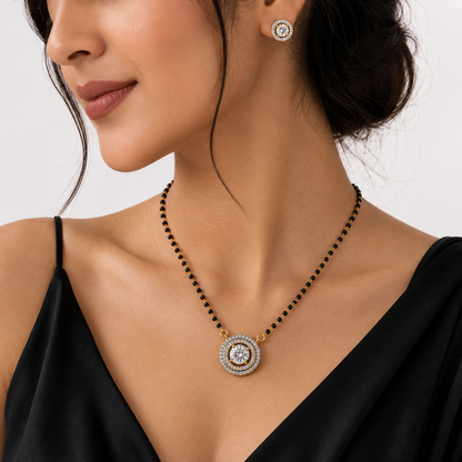 American Diamond Round Halo Black Bead Mangalsutra Set with Earrings