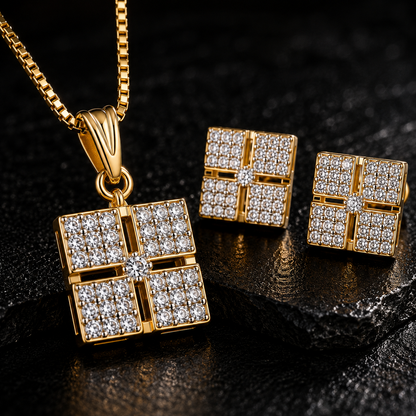American Diamond Geometric Square Pendant Set with Chain & Earrings