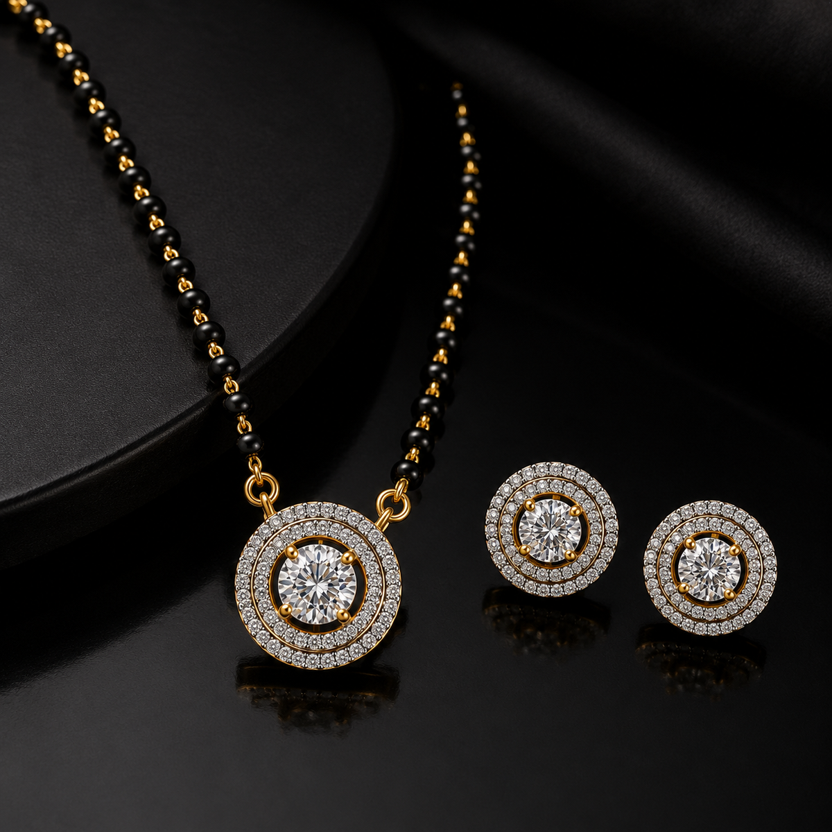 American Diamond Round Halo Black Bead Mangalsutra Set with Earrings