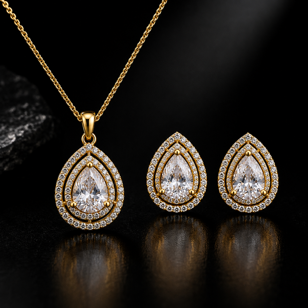 American Diamond Teardrop Pendant Set with Chain & Earrings