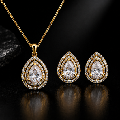 American Diamond Teardrop Pendant Set with Chain & Earrings