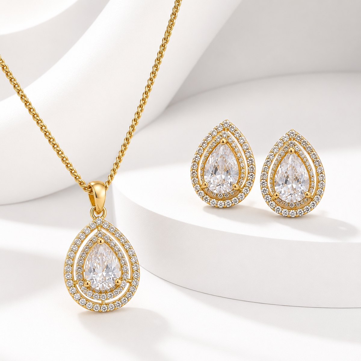 American Diamond Teardrop Pendant Set with Chain & Earrings
