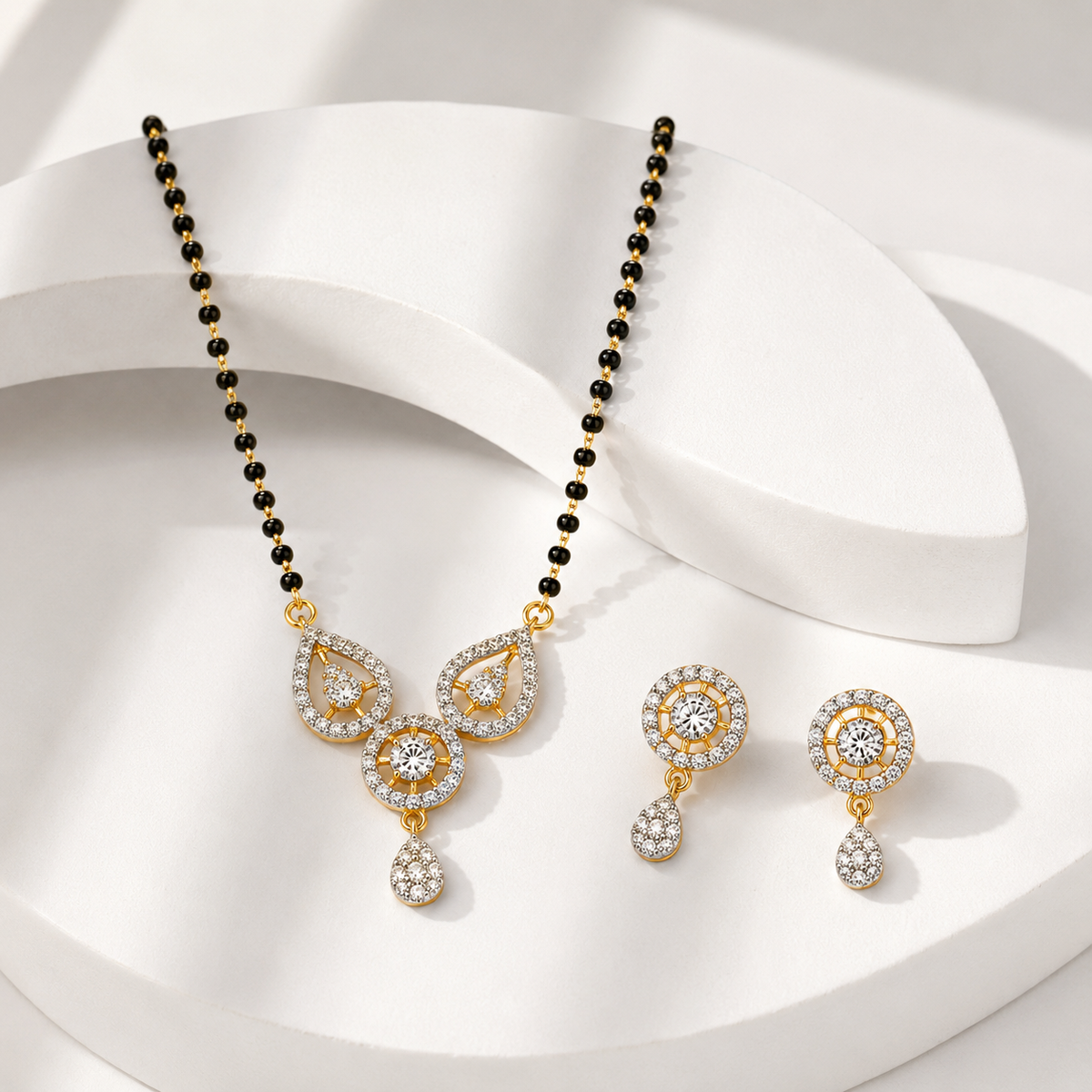 American Diamond Black Bead Mangalsutra Pendant Set with Earrings