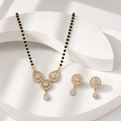 American Diamond Black Bead Mangalsutra Pendant Set with Earrings