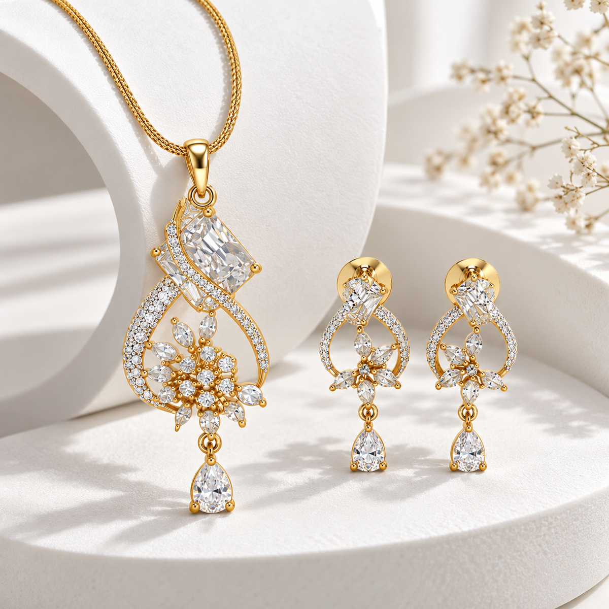 American Diamond Floral Drop Pendant Set with Chain & Earrings