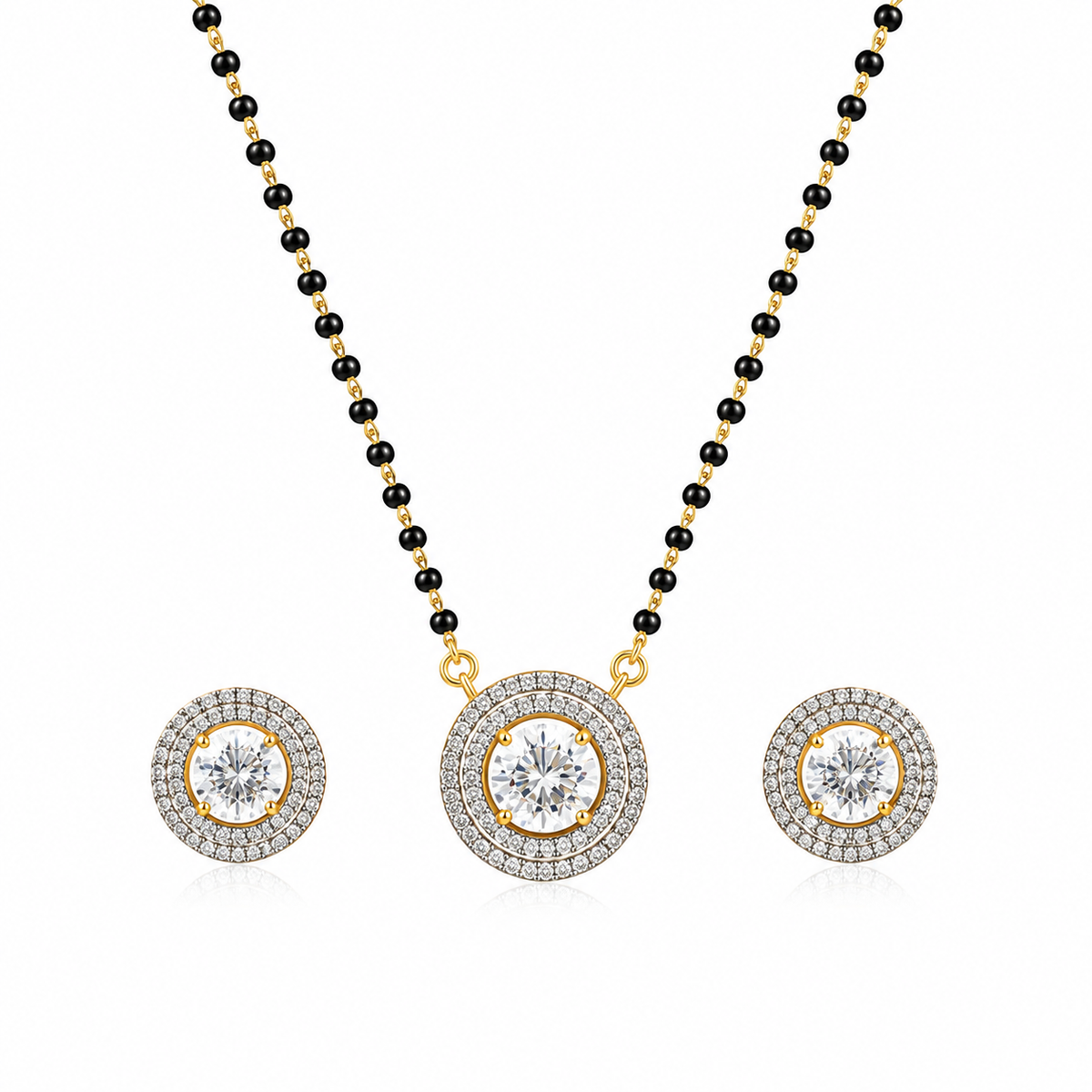 American Diamond Round Halo Black Bead Mangalsutra Set with Earrings