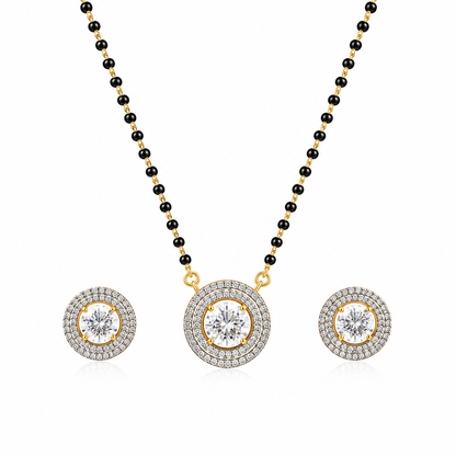American Diamond Round Halo Black Bead Mangalsutra Set with Earrings