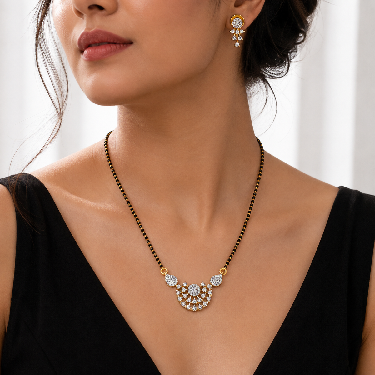 American Diamond Floral Mangalsutra Necklace Set with Earrings