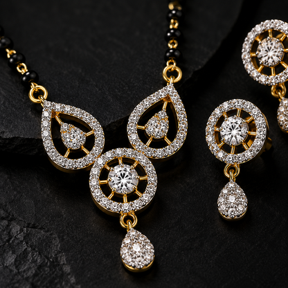 American Diamond Black Bead Mangalsutra Pendant Set with Earrings