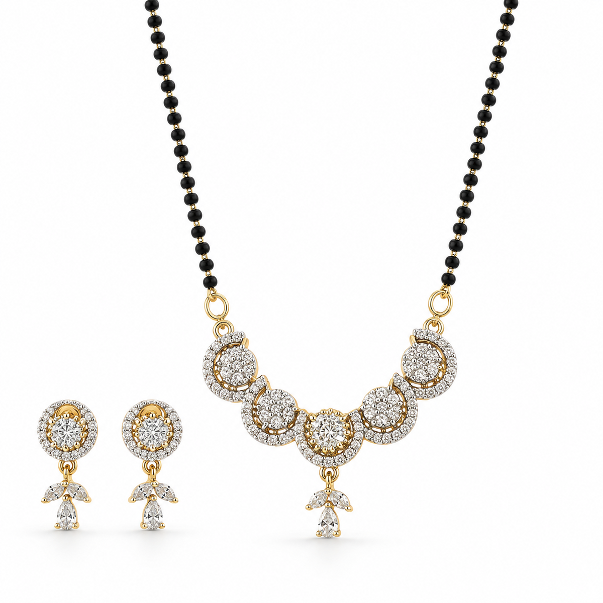 American Diamond Gold Finish Floral Mangalsutra Pendant Set with Earrings