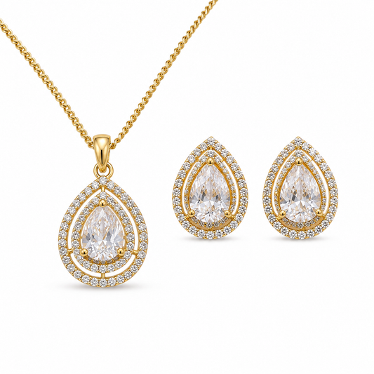 American Diamond Teardrop Pendant Set with Chain & Earrings