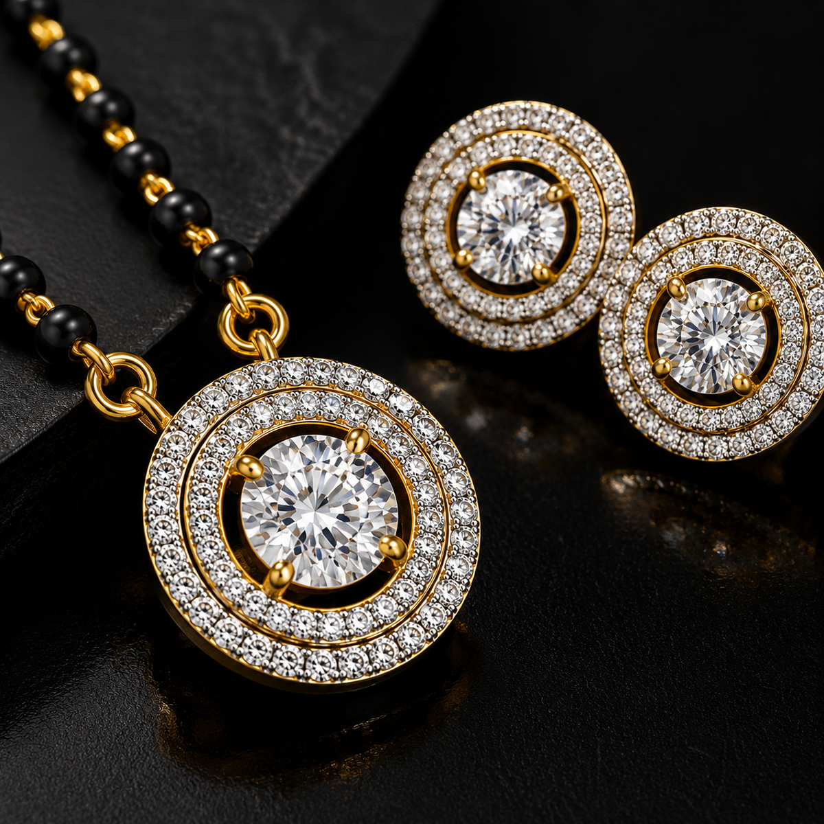American Diamond Round Halo Black Bead Mangalsutra Set with Earrings