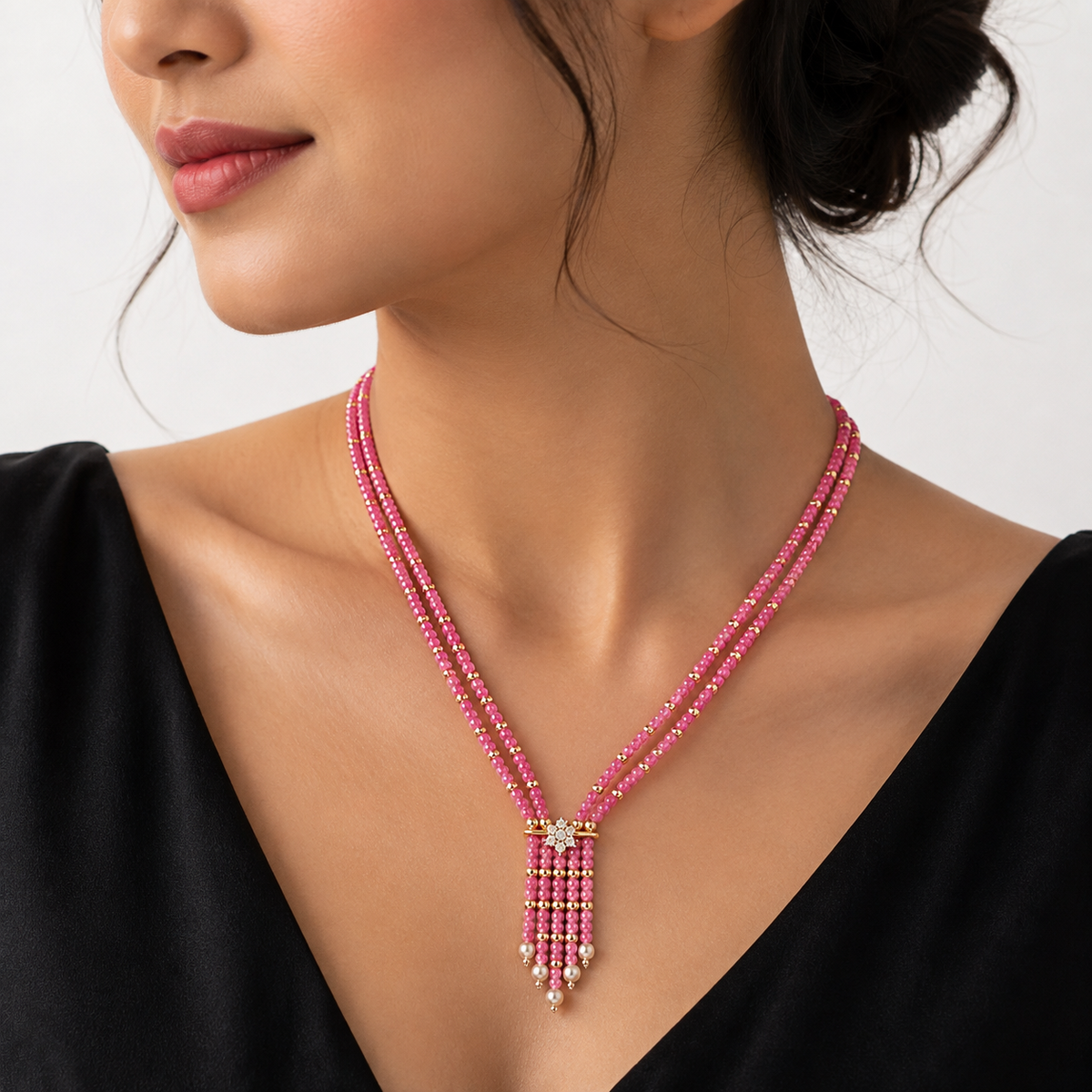 Pink Beaded American Diamond Necklace with Floral Pendant