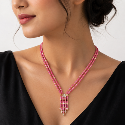 Pink Beaded American Diamond Necklace with Floral Pendant