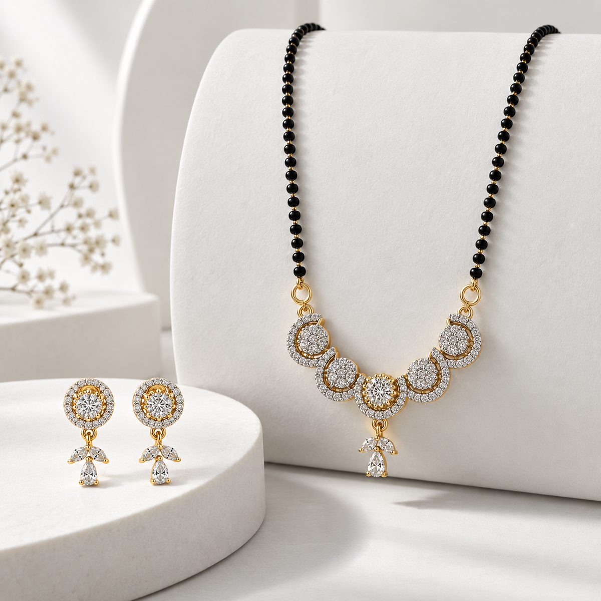 American Diamond Gold Finish Floral Mangalsutra Pendant Set with Earrings