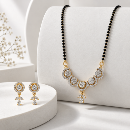 American Diamond Gold Finish Floral Mangalsutra Pendant Set with Earrings