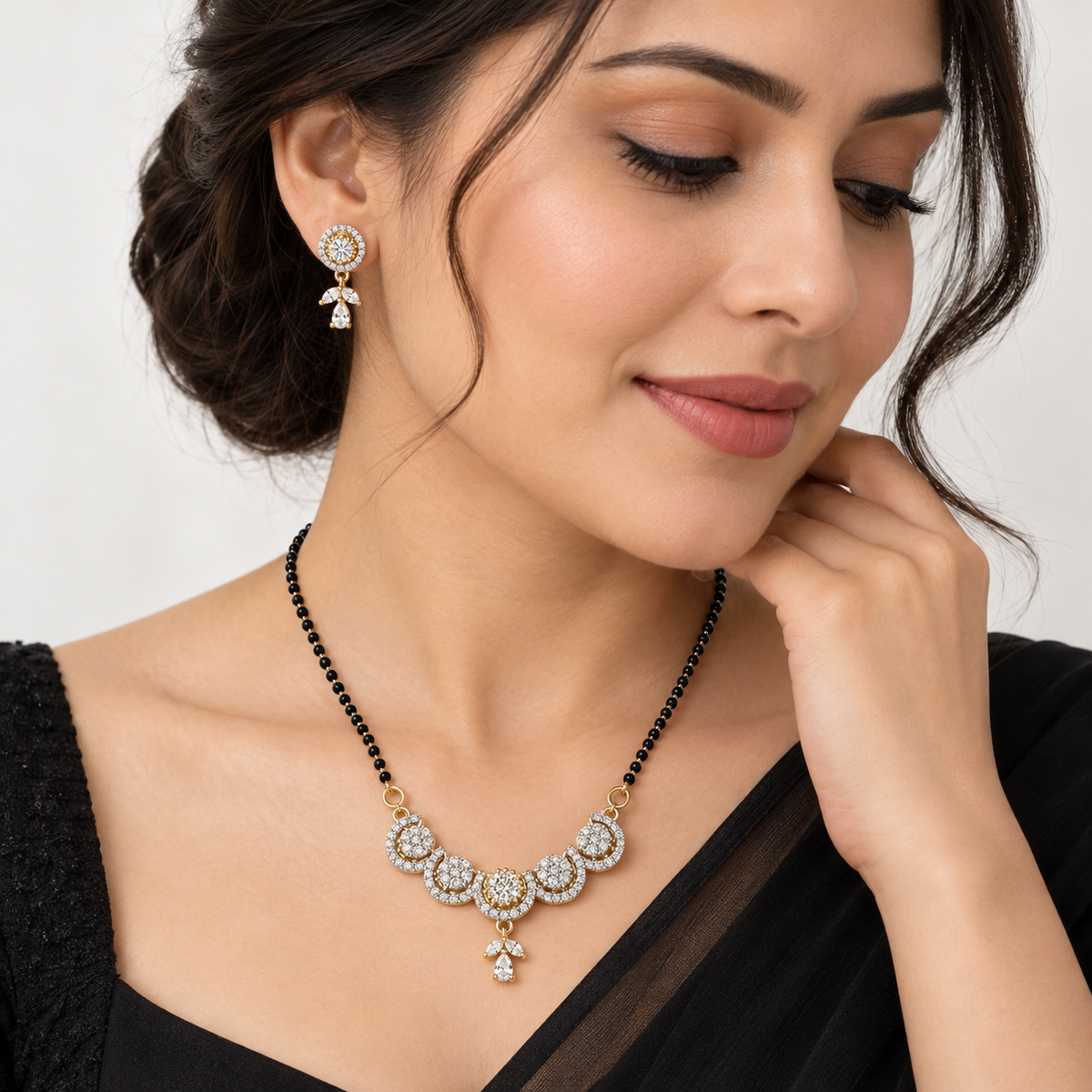 American Diamond Gold Finish Floral Mangalsutra Pendant Set with Earrings