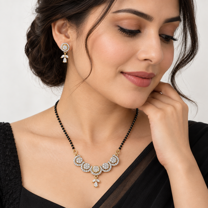 American Diamond Gold Finish Floral Mangalsutra Pendant Set with Earrings