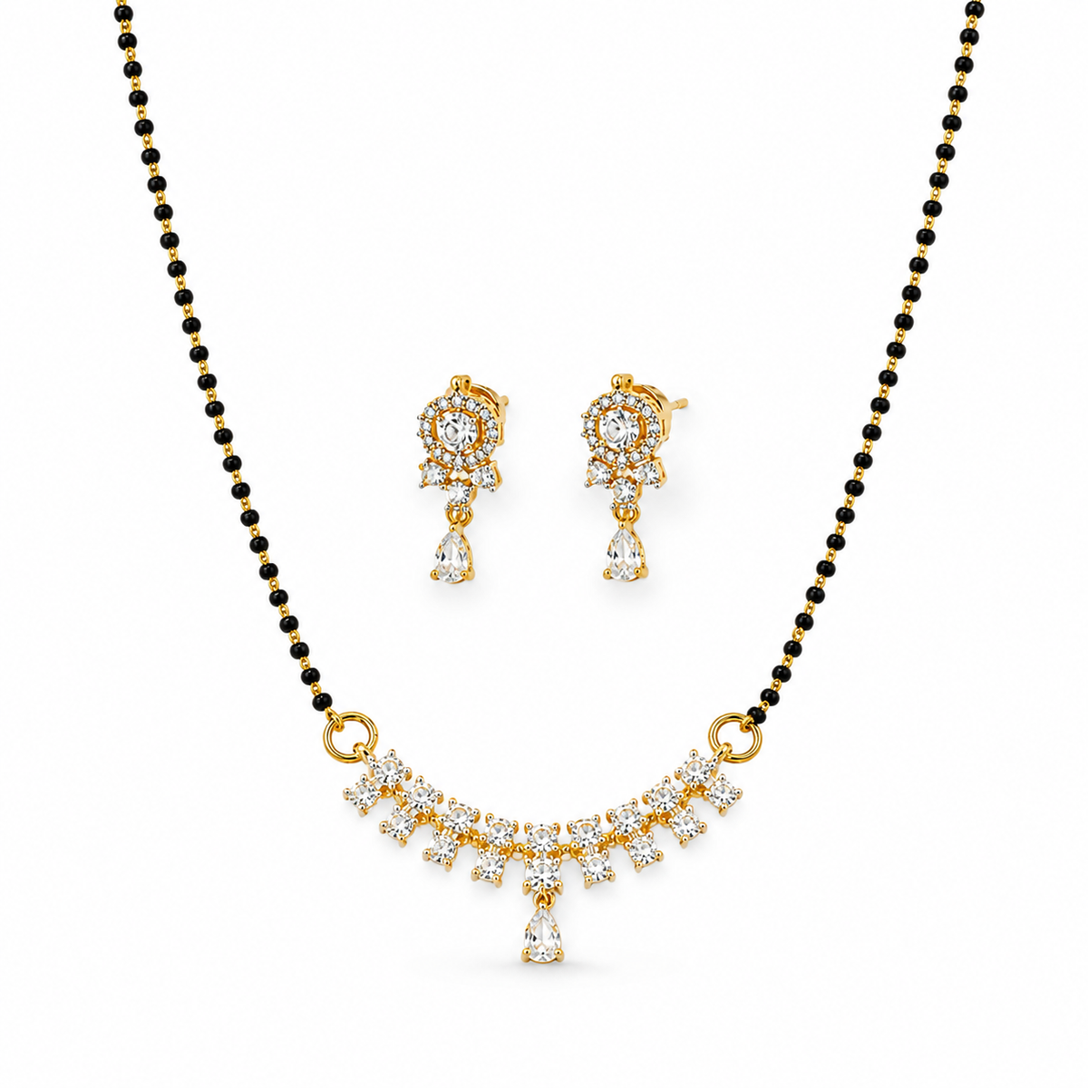 American Diamond Floral Mangalsutra Necklace Set with Earrings