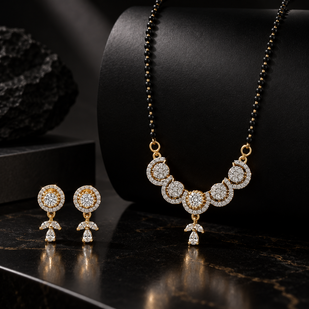 American Diamond Gold Finish Floral Mangalsutra Pendant Set with Earrings