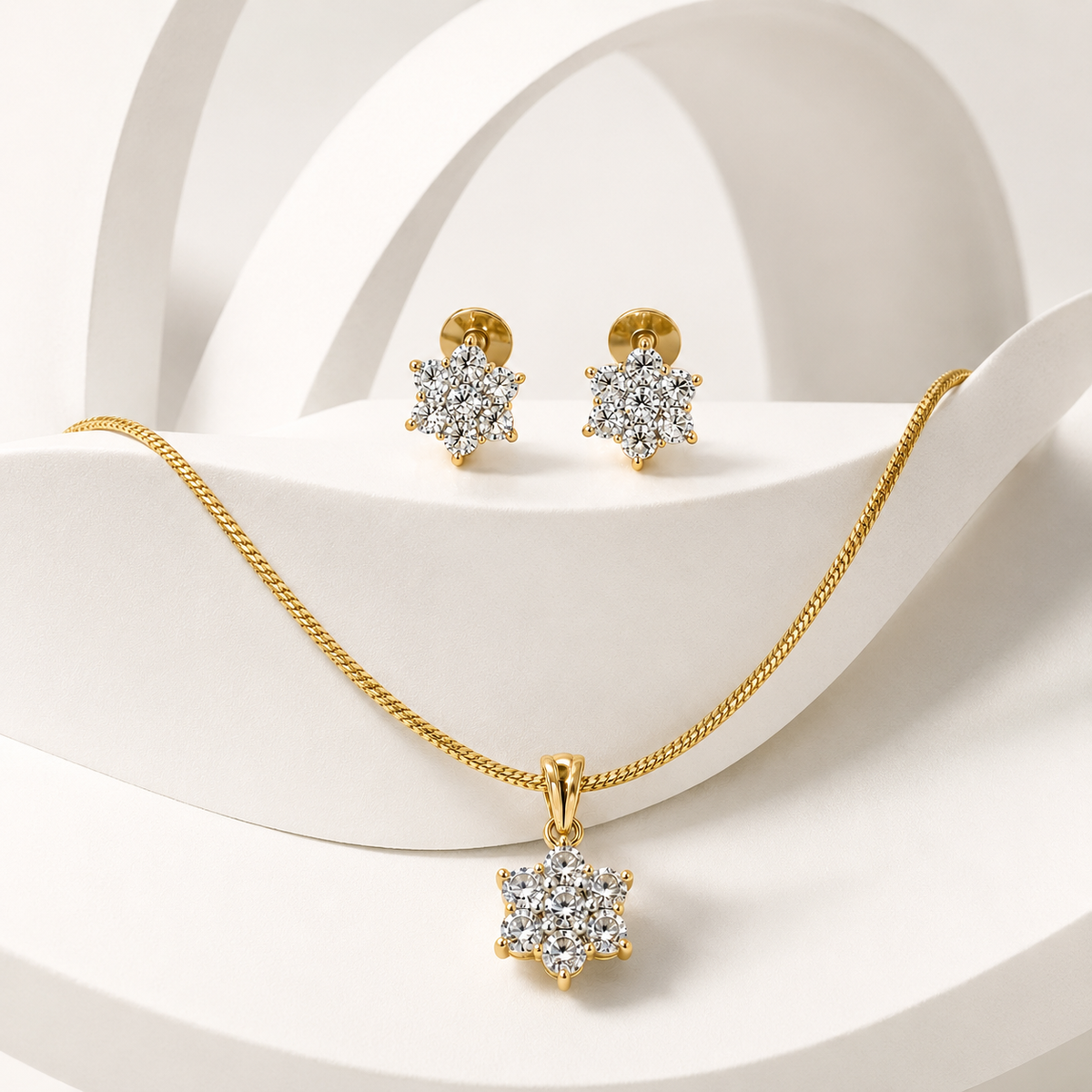 American Diamond Floral Cluster Pendant Set with Chain & Earrings
