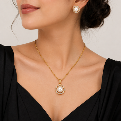 American Diamond Round Pearl Pendant Set with Chain & Earrings