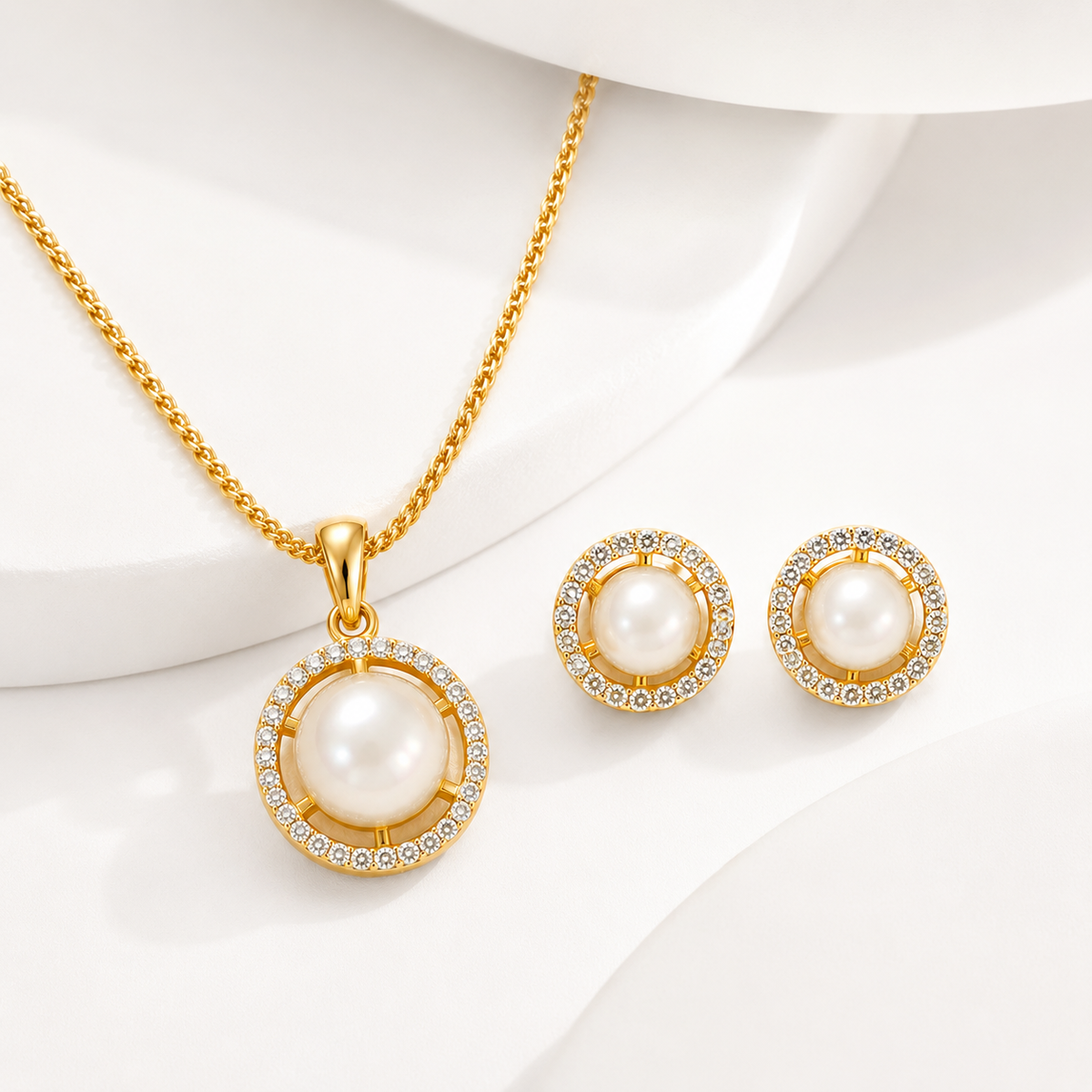 American Diamond Round Pearl Pendant Set with Chain & Earrings