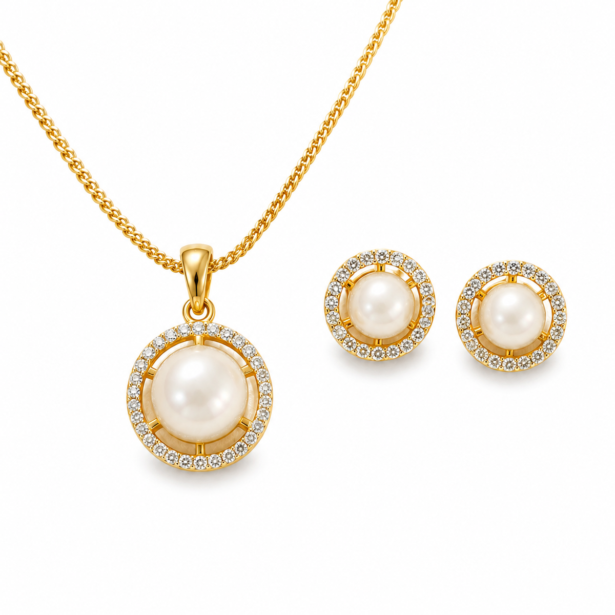 American Diamond Round Pearl Pendant Set with Chain & Earrings