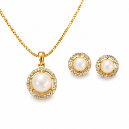 American Diamond Round Pearl Pendant Set with Chain & Earrings