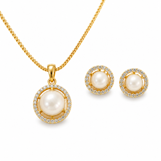 American Diamond Round Pearl Pendant Set with Chain & Earrings