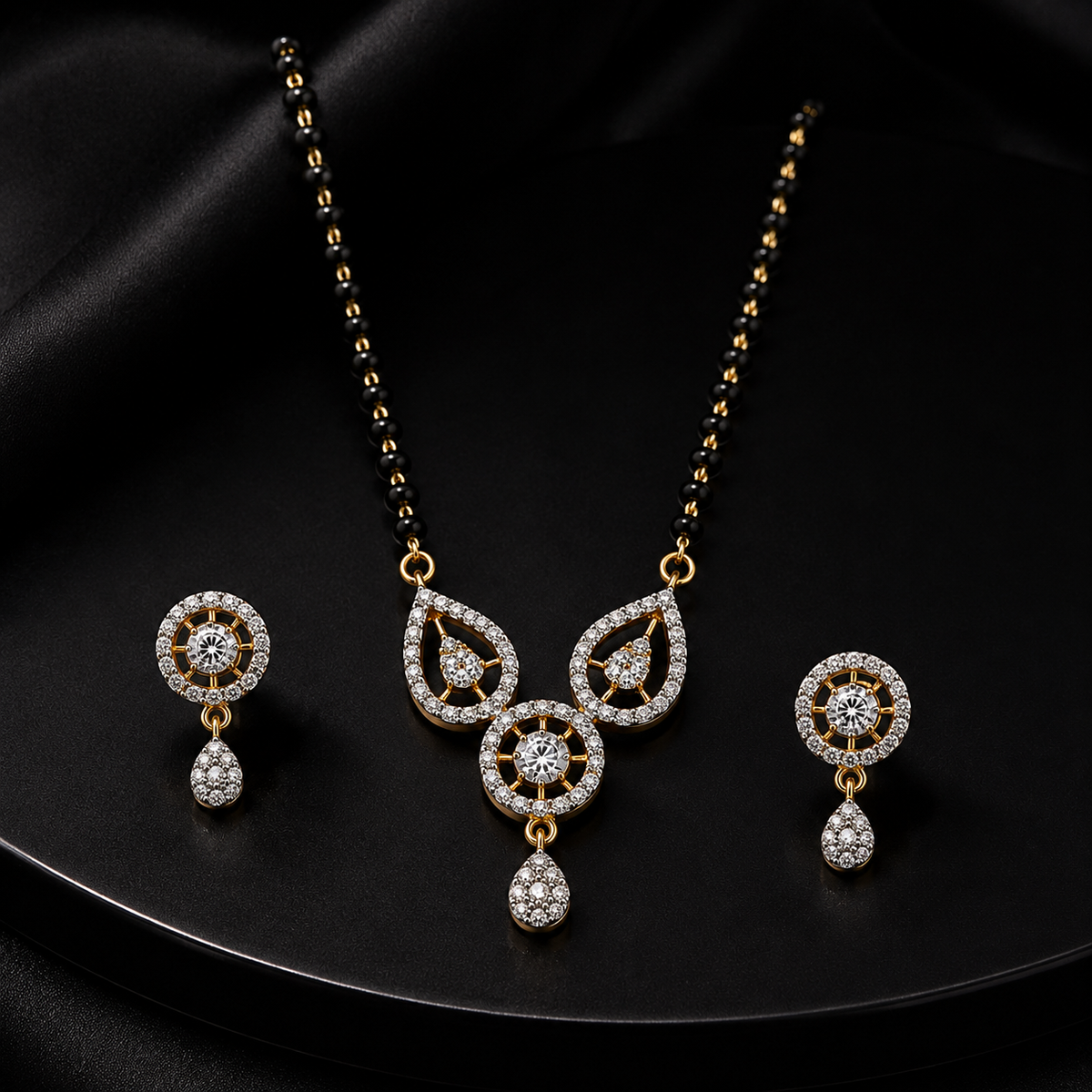 American Diamond Black Bead Mangalsutra Pendant Set with Earrings